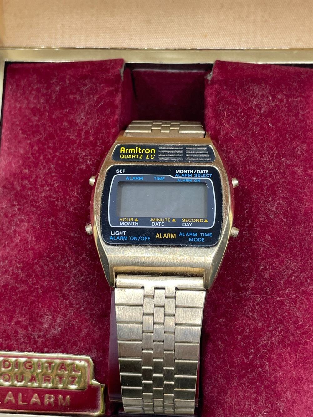 Vtg Armitron LC Quartz Alarm Chronograph 1980s Digital Watch Gold Tone w/ Case